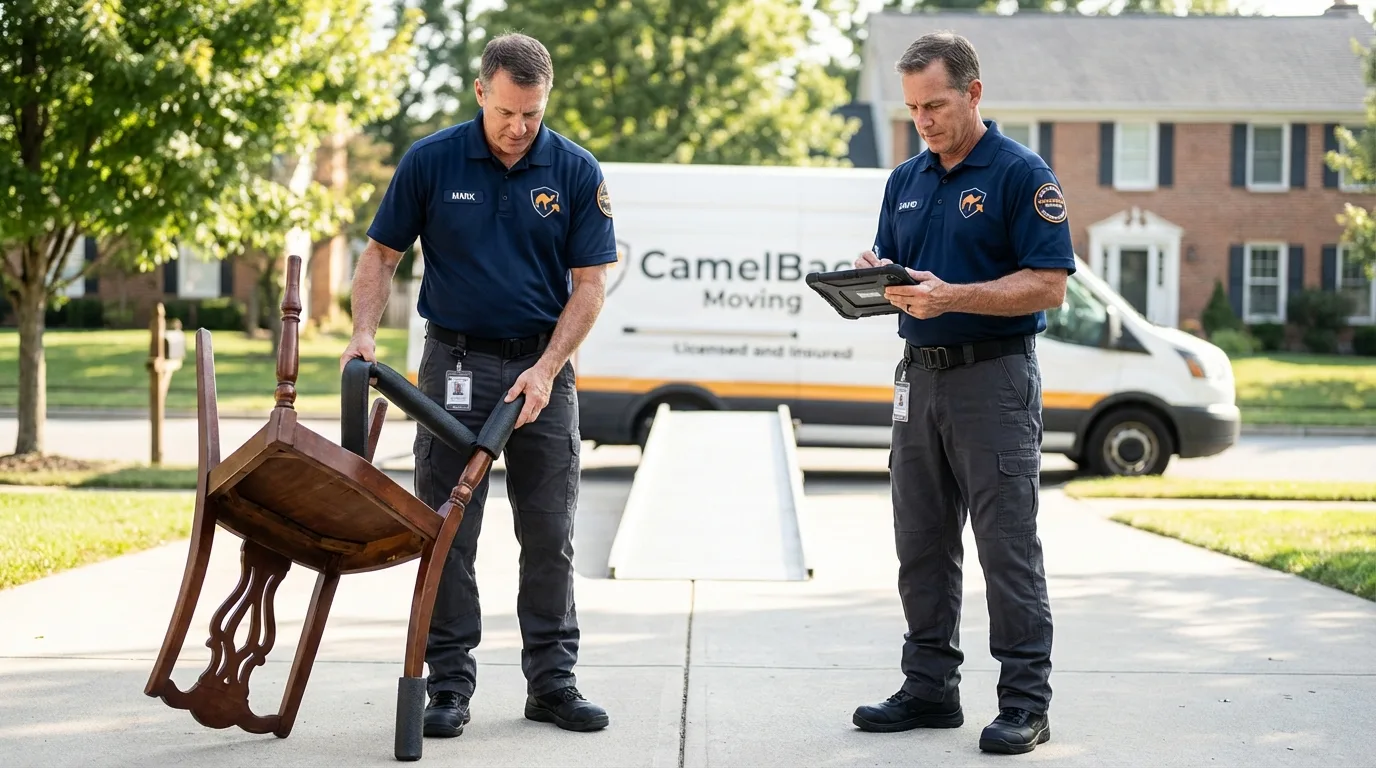 Movers inspecting furniture for damage prevention before loading in Batesburg, SC