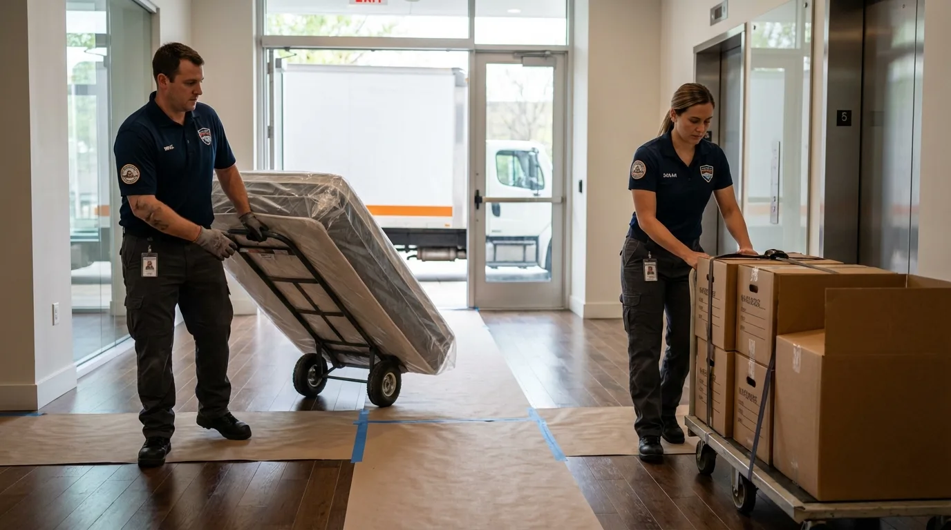 Professional apartment movers loading elevator in Batesburg, SC